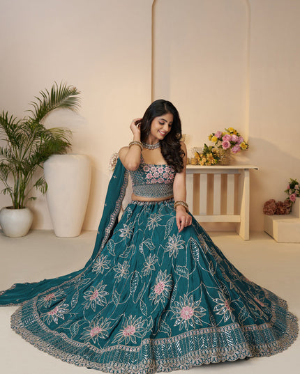 Blue Heavy Embroidered Sattin Silk Lehenga Choli For Wedding Wear