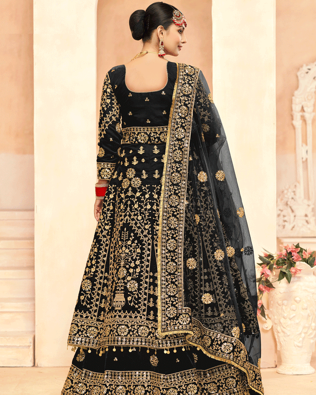 Black Embroidered Velvet Lehenga Kameez Suit