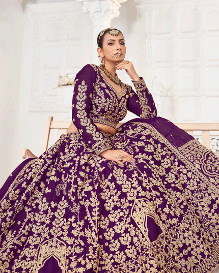 Wine Tissue Organza Embroidered Designer Lehenga Choli