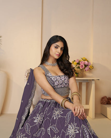 Awesome Purple Embroidered Satin Sangeet Wear Lehenga Choli
