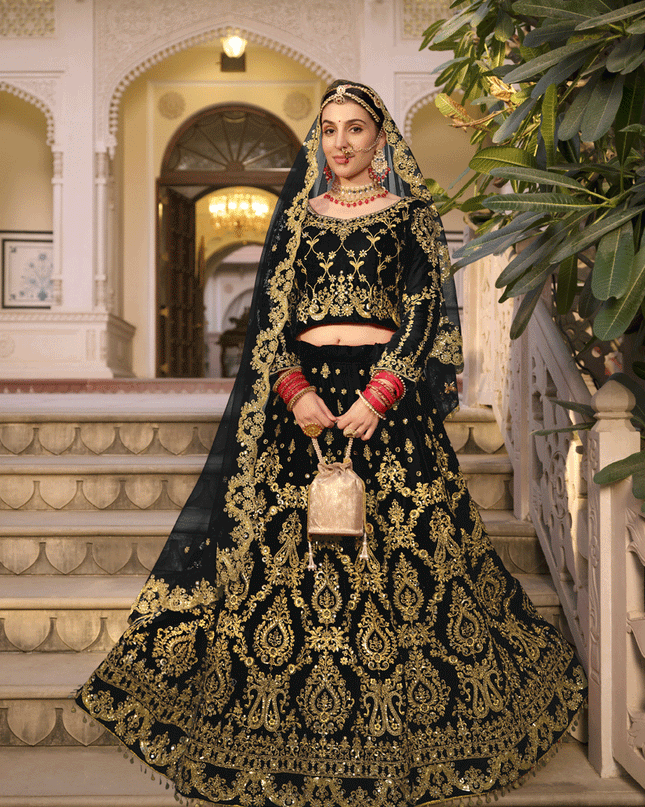 Black Velvet Embellished Bridal Lehenga Choli