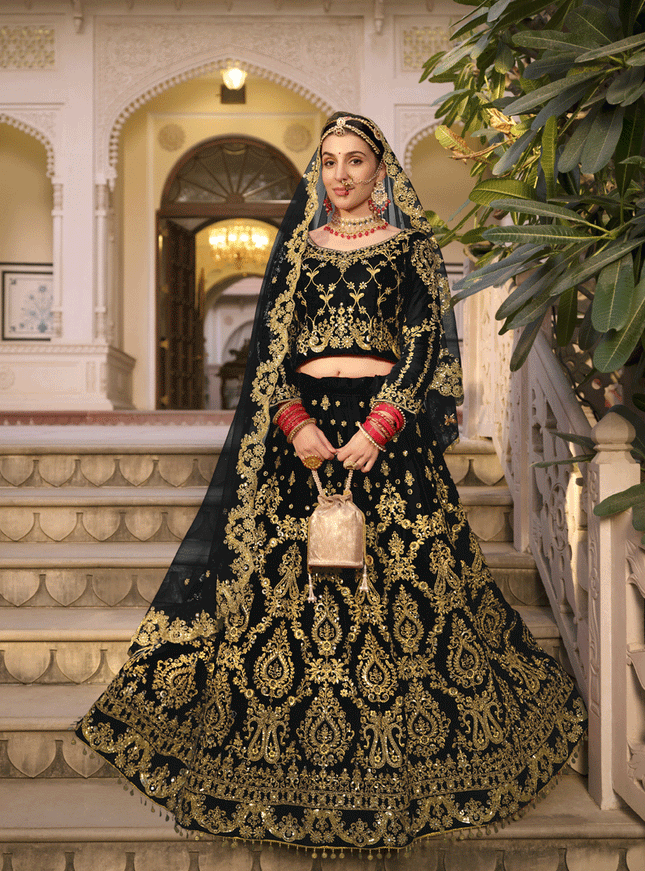 Black Velvet Embellished Bridal Lehenga Choli