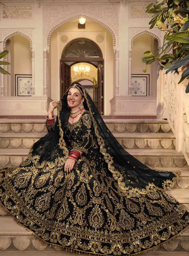 Black Velvet Embellished Bridal Lehenga Choli