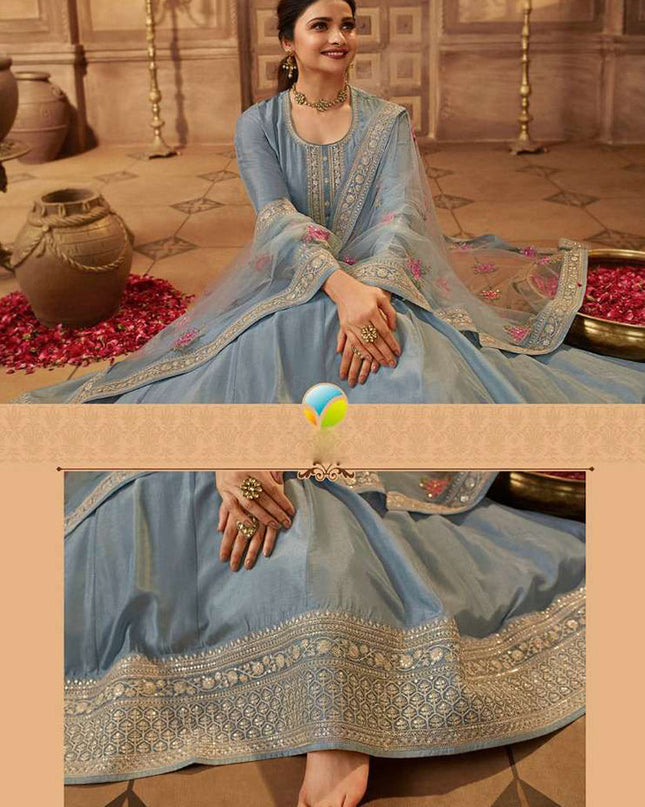Prachi Desai Livid Blue Dola Silk Embroidered Anarkali Suit