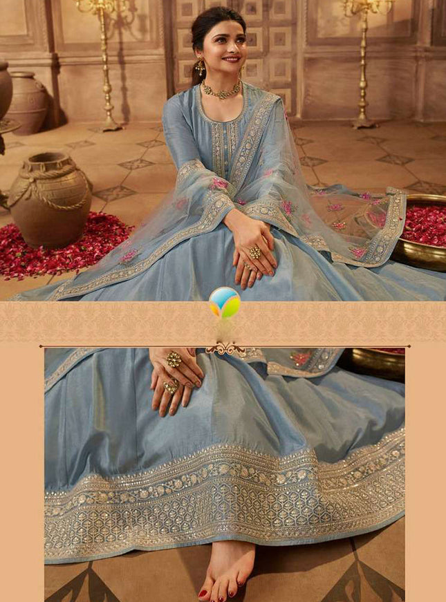 Prachi Desai Livid Blue Dola Silk Embroidered Anarkali Suit
