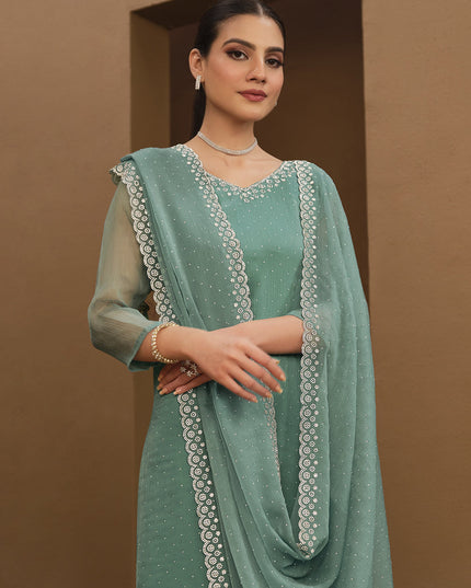 Teal Mint Organza Chiffon Swarovski Embellished Suit