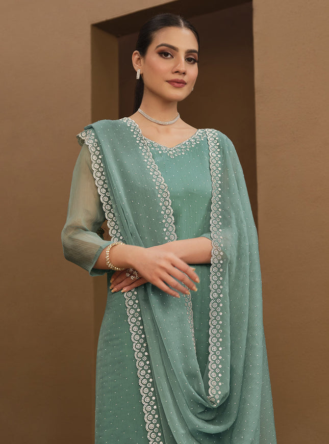 Teal Mint Organza Chiffon Swarovski Embellished Suit