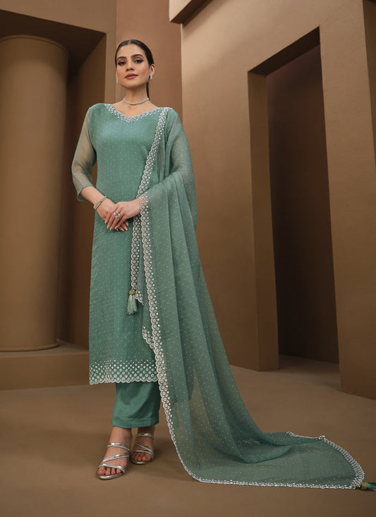 Teal Mint Organza Chiffon Swarovski Embellished Suit