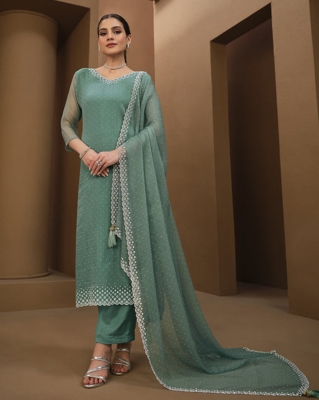 Teal Mint Organza Chiffon Swarovski Embellished Suit