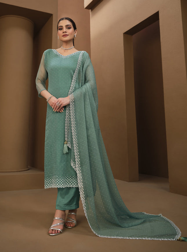 Teal Mint Organza Chiffon Swarovski Embellished Suit