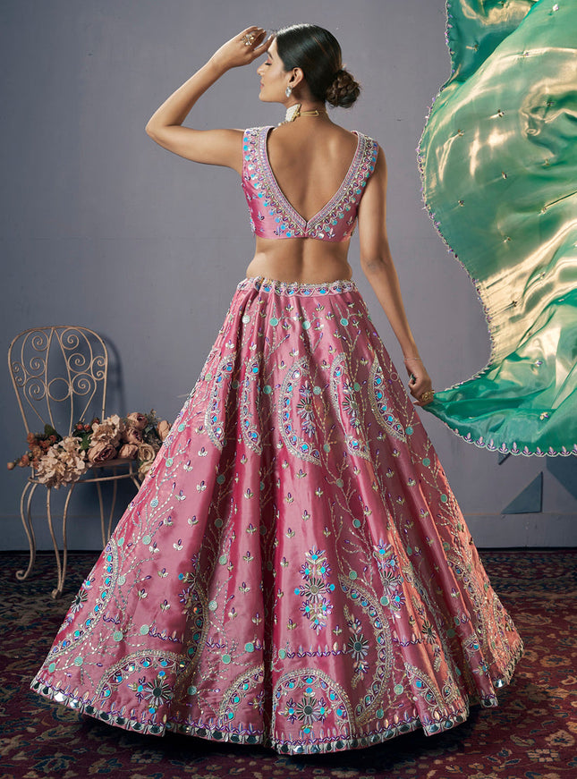 Onion Pink Silk Embroidered Designer Lehenga Set