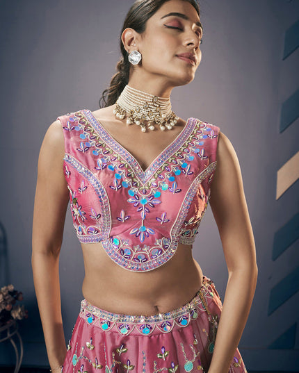 Onion Pink Silk Embroidered Designer Lehenga Set