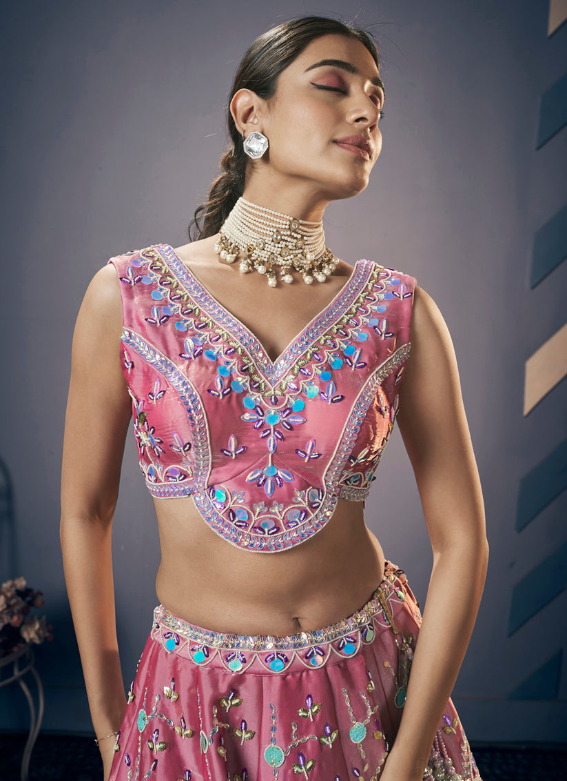 Onion Pink Silk Embroidered Designer Lehenga Set