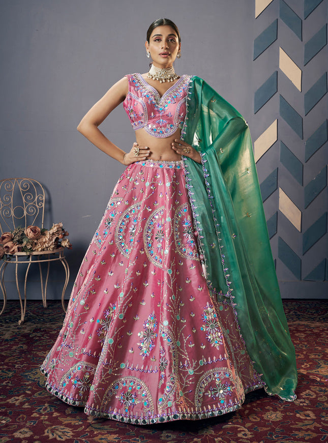 Onion Pink Silk Embroidered Designer Lehenga Set