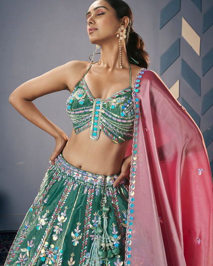Moss Green Silk Embroidered Designer Lehenga Set