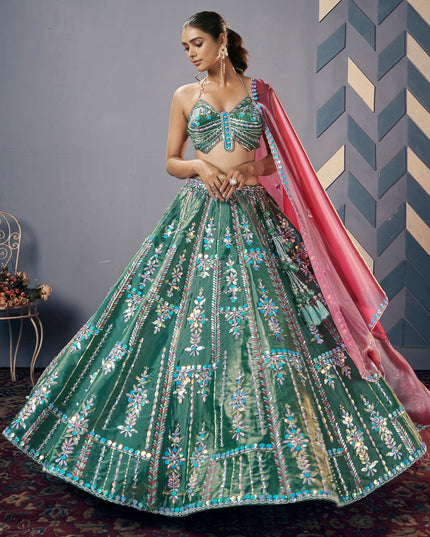 Moss Green Silk Embroidered Designer Lehenga Set
