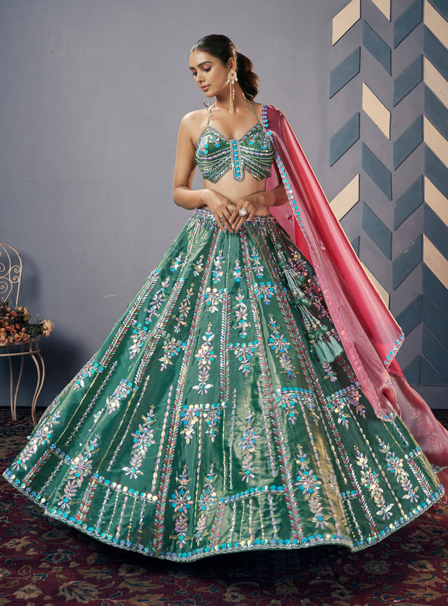 Moss Green Silk Embroidered Designer Lehenga Set