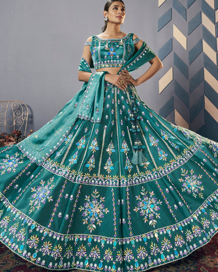 Rama Green Silk Embroidered Designer Lehenga Set