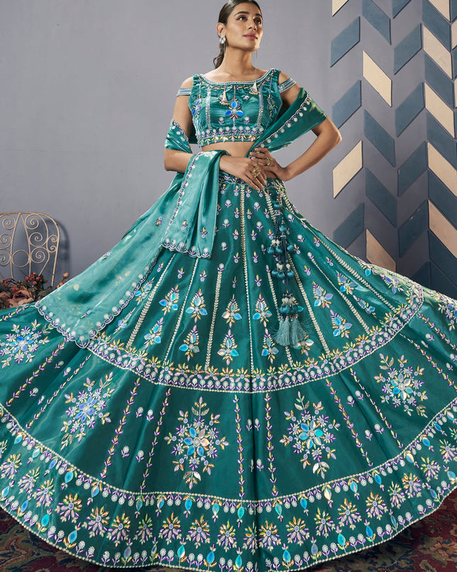 Rama Green Silk Embroidered Designer Lehenga Set