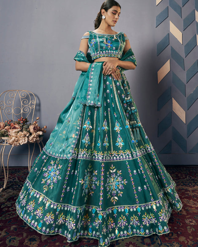 Rama Green Silk Embroidered Designer Lehenga Set