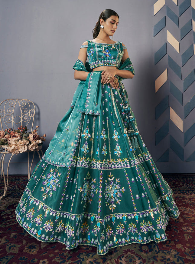 Rama Green Silk Embroidered Designer Lehenga Set