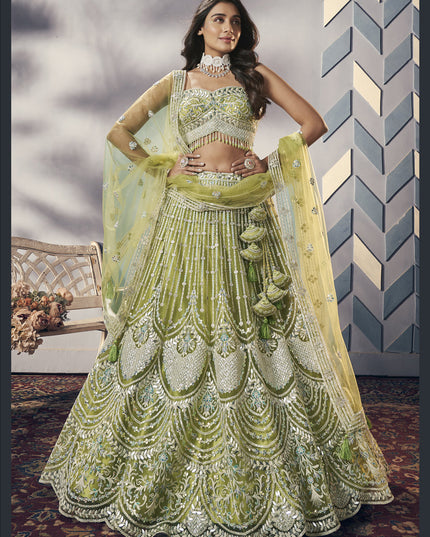 Parrot Green Heavy Net Designer Lehenga Choli Set