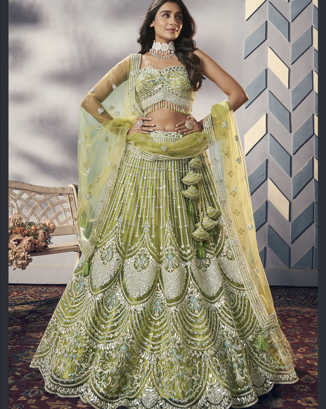 Parrot Green Heavy Net Designer Lehenga Choli Set