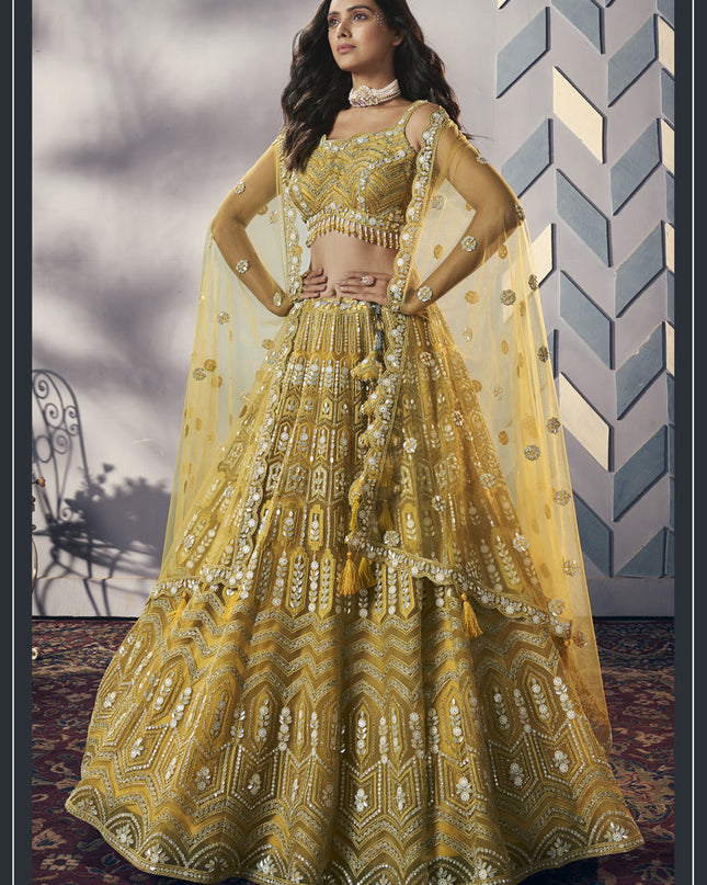 Yellow Heavy Net Designer Lehenga Choli Set