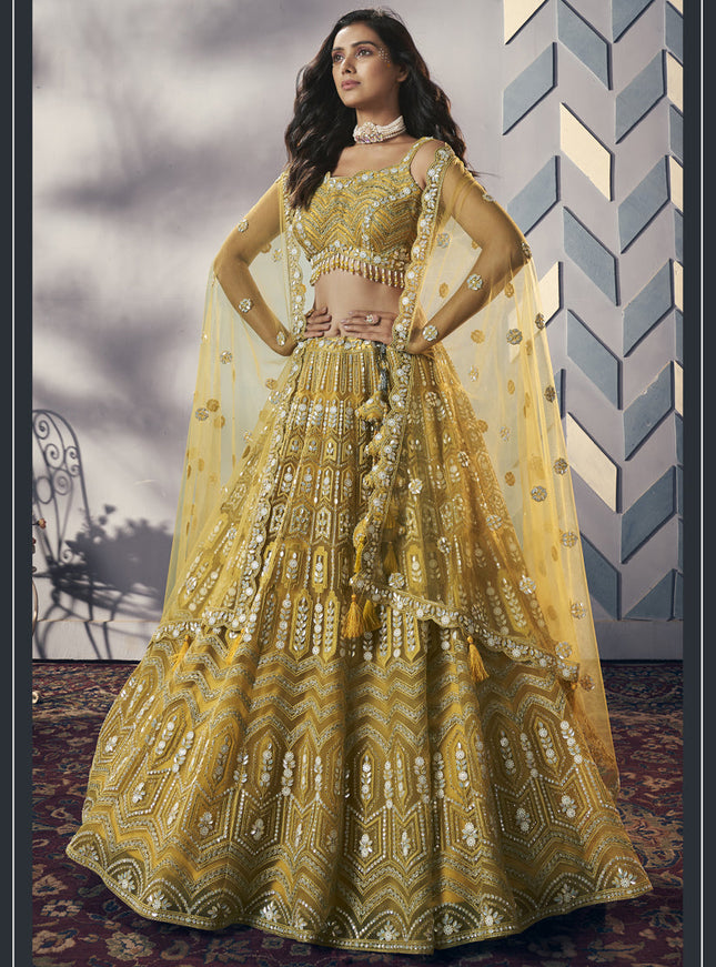 Yellow Heavy Net Designer Lehenga Choli Set