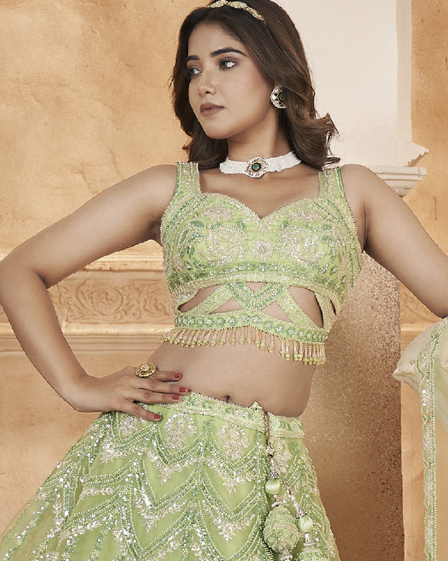 Pista Green Readymade Net Designer Lehenga Choli Set