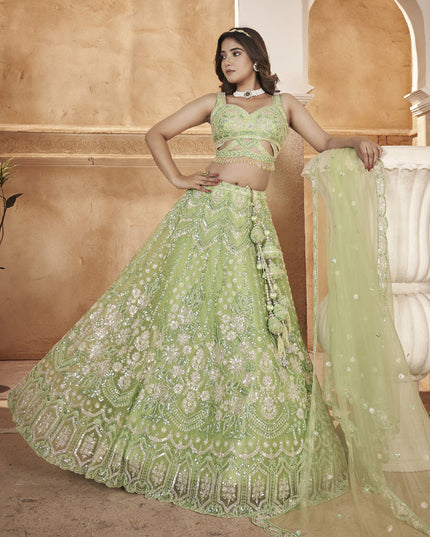Pista Green Readymade Net Designer Lehenga Choli Set