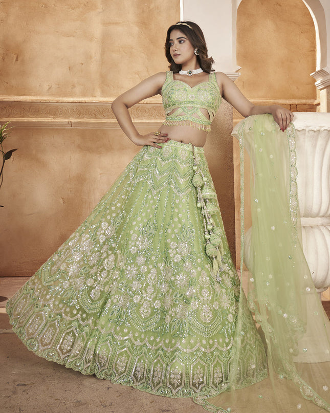 Pista Green Readymade Net Designer Lehenga Choli Set
