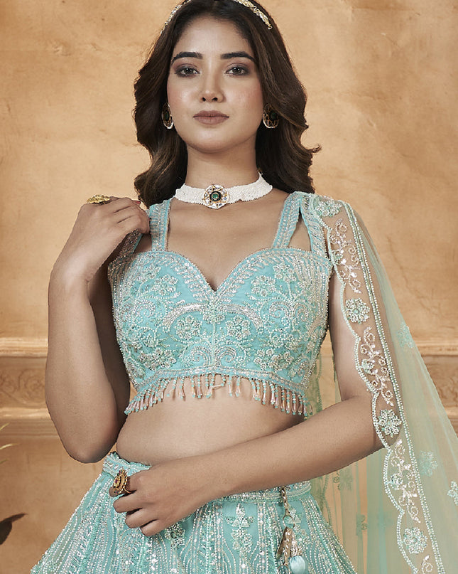 Sky Blue Readymade Net Designer Lehenga Choli Set