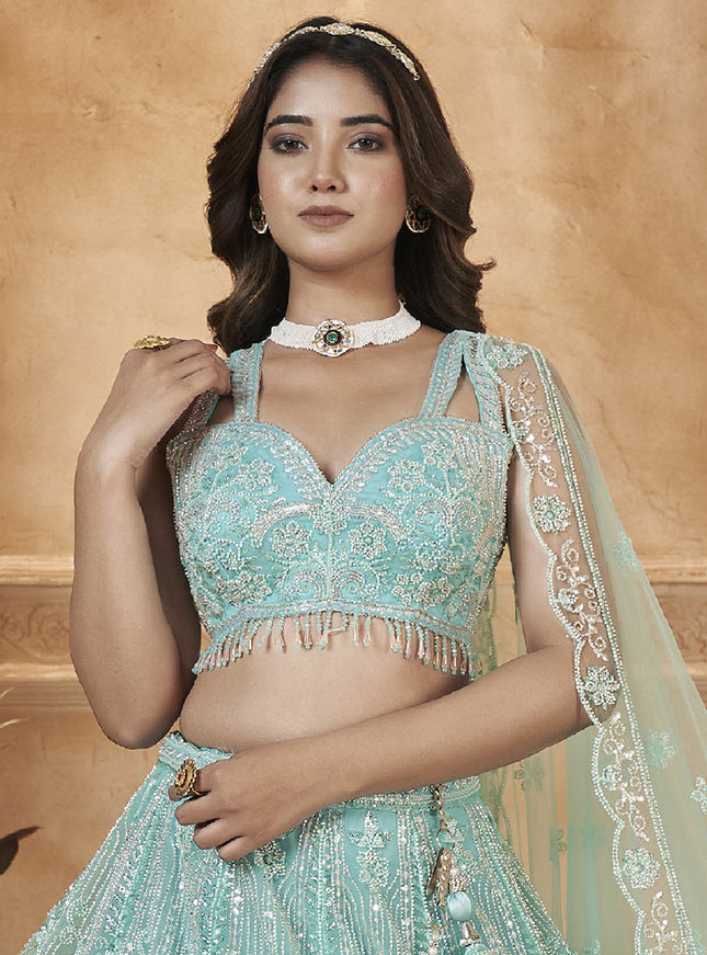 Sky Blue Readymade Net Designer Lehenga Choli Set