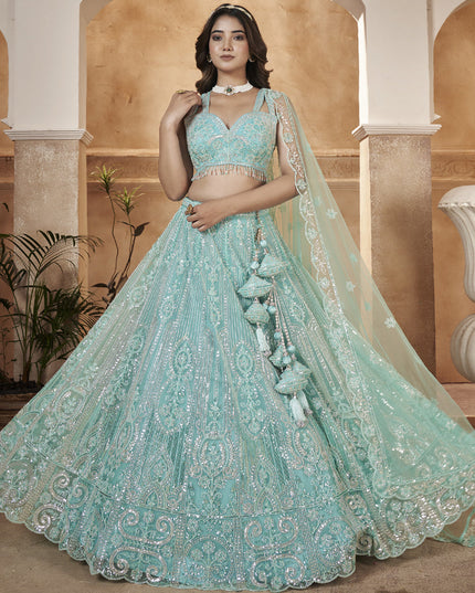 Sky Blue Readymade Net Designer Lehenga Choli Set