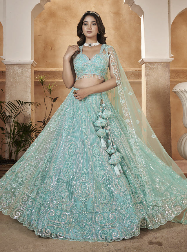 Sky Blue Readymade Net Designer Lehenga Choli Set