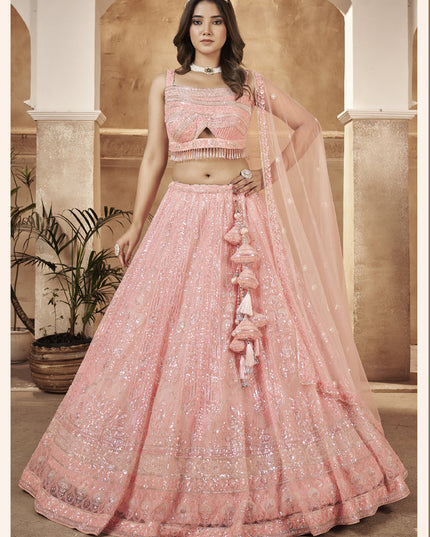 Peach Readymade Net Designer Lehenga Choli Set