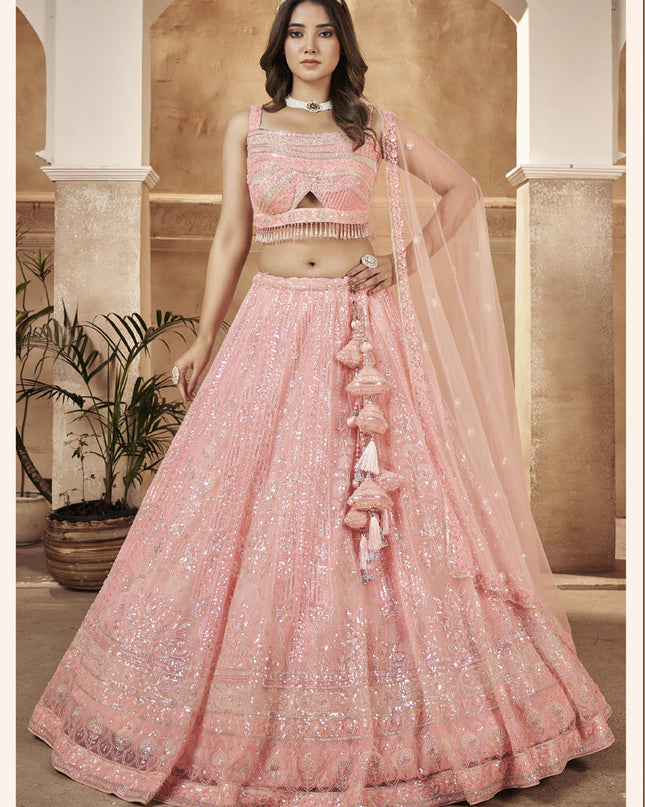 Peach Readymade Net Designer Lehenga Choli Set