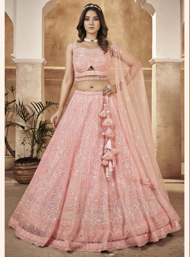Peach Readymade Net Designer Lehenga Choli Set