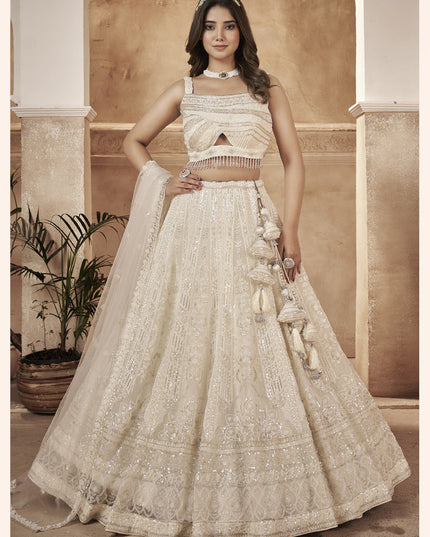 White Readymade Net Designer Lehenga Choli Set