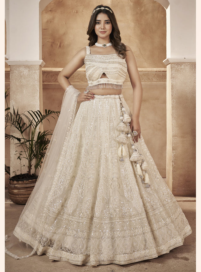 White Readymade Net Designer Lehenga Choli Set