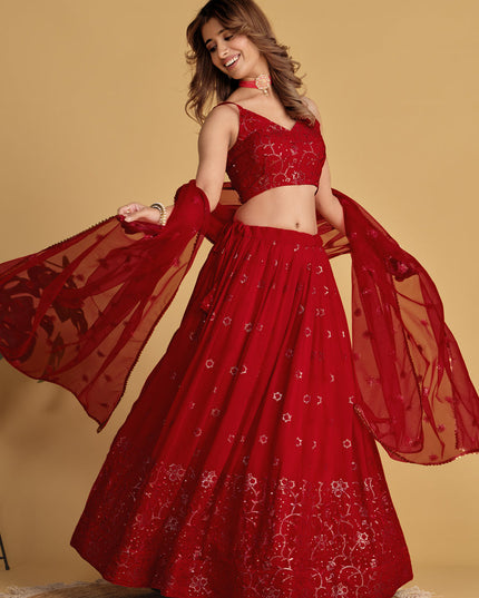 Red Sequins Embroidered Lehenga Choli Set