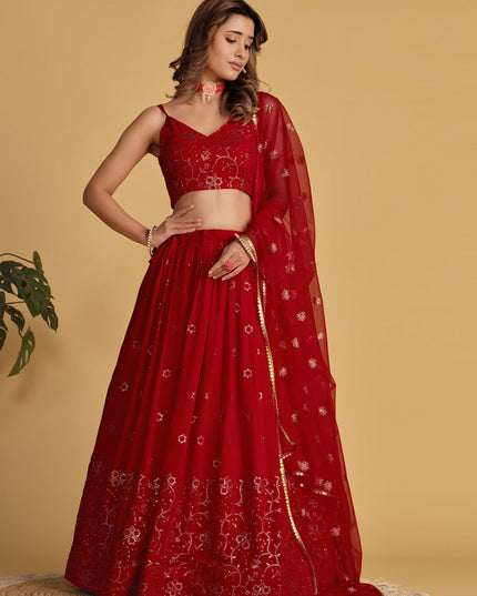 Red Sequins Embroidered Lehenga Choli Set