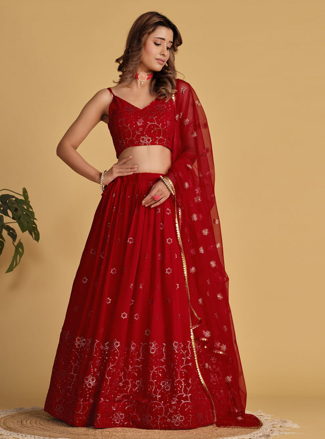 Red Sequins Embroidered Lehenga Choli Set