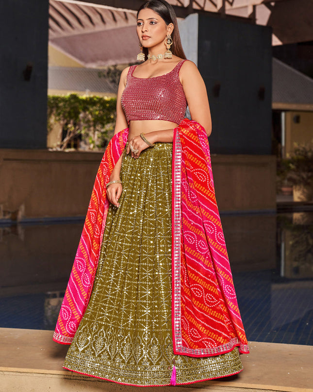 Olive Green Georgette Lehenga Choli Set
