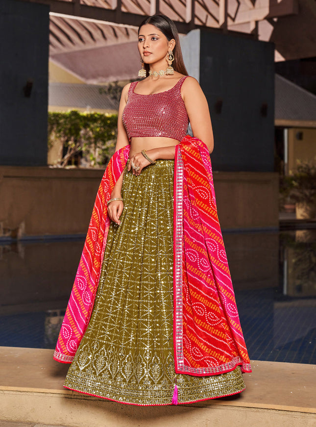 Olive Green Georgette Lehenga Choli Set
