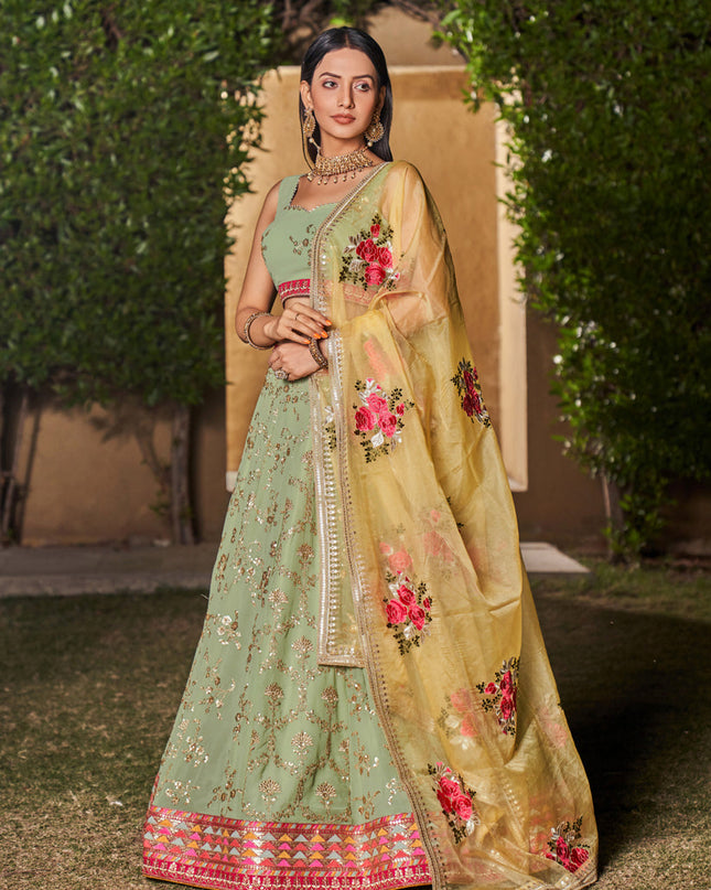 Pista Green Georgette Lehenga Choli Set