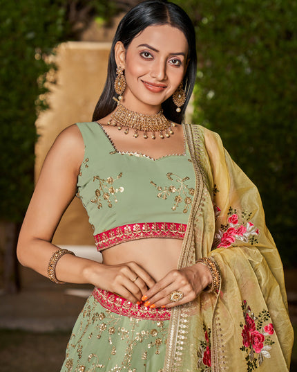Pista Green Georgette Lehenga Choli Set
