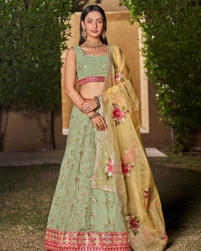 Pista Green Georgette Lehenga Choli Set