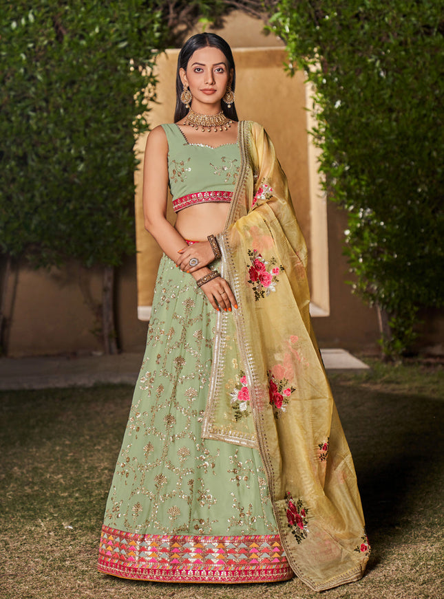 Pista Green Georgette Lehenga Choli Set
